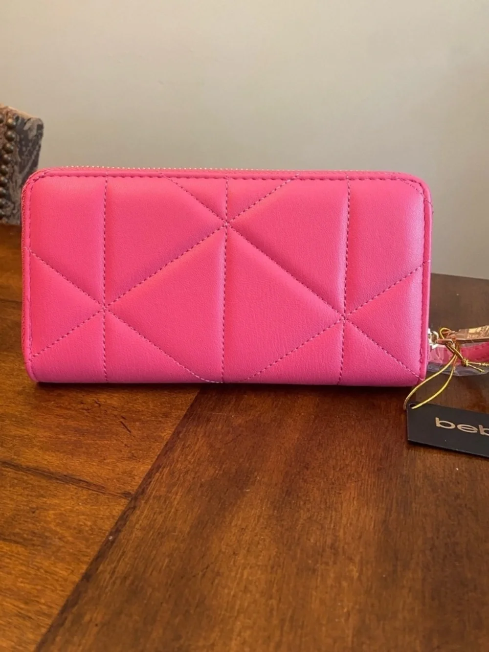 bebe Zara Hot Pink Quilted Zip-Around Wallet Wristlet with Rhinestone Logo 🆕